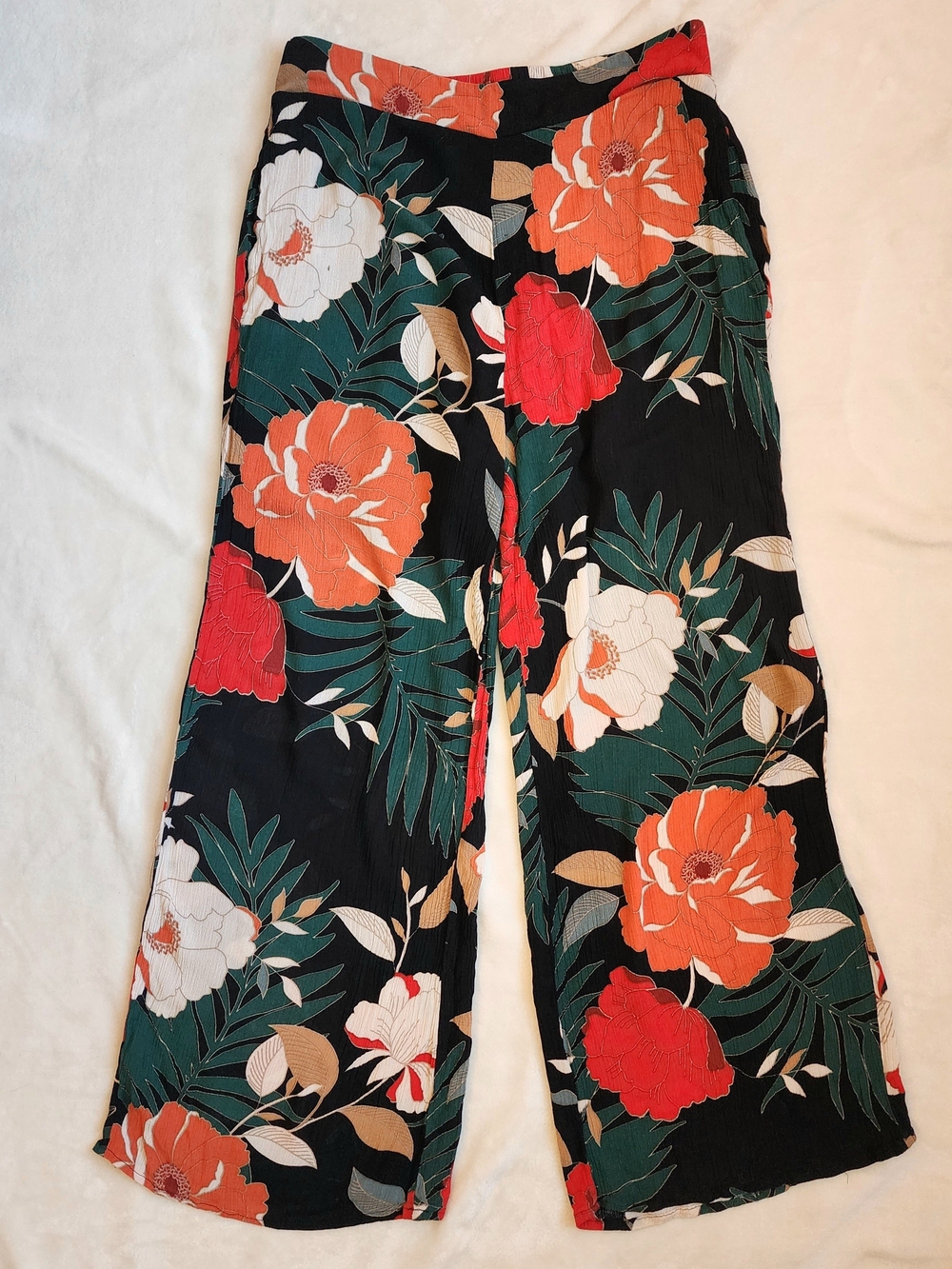 Black Wide-Leg Boho Floral Lightweight Pants w/ Pockets Women's Medium Summer